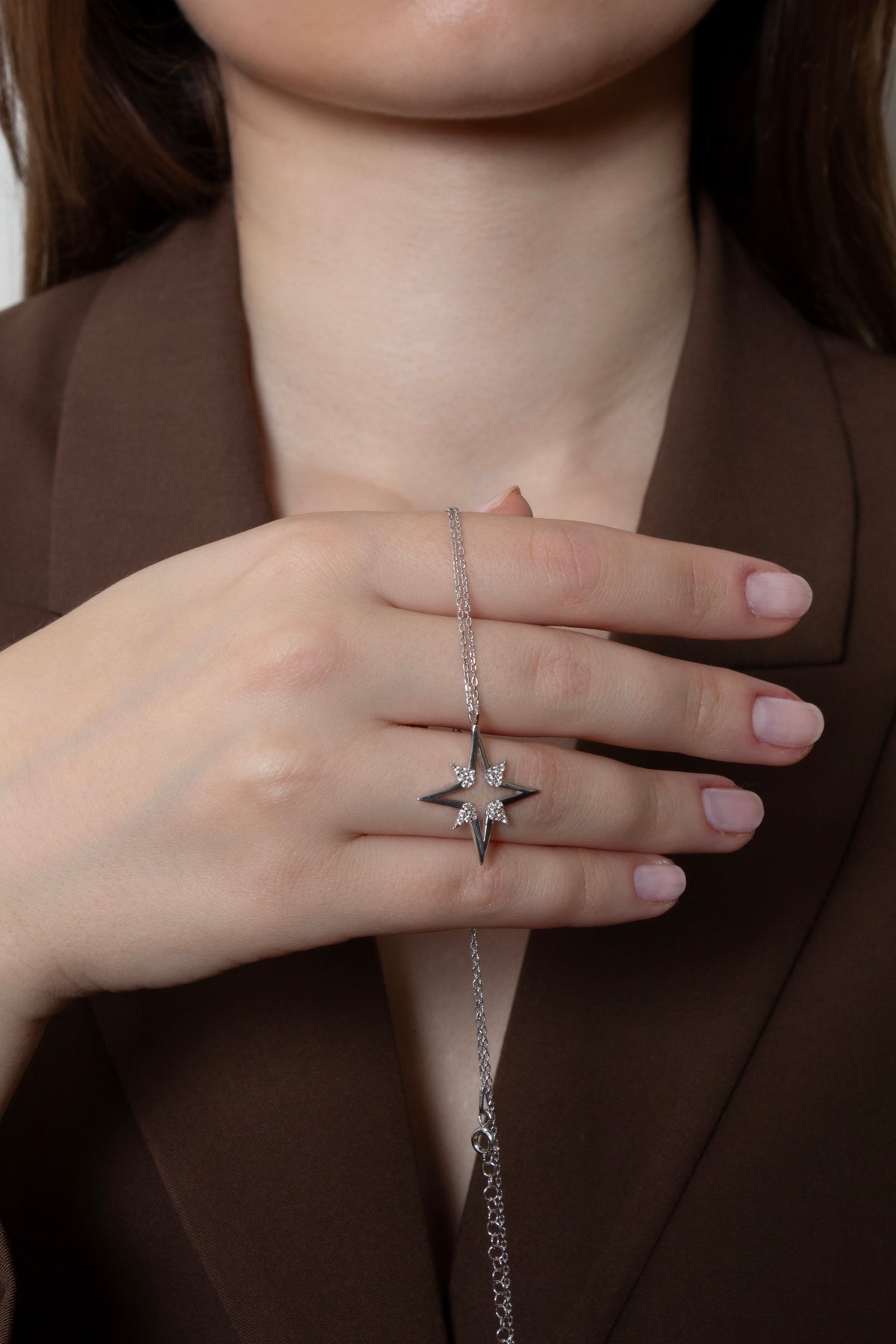 Tan 925 Ayar Gümüş Swarovski Taşlı Kutup Yıldızı Kolye